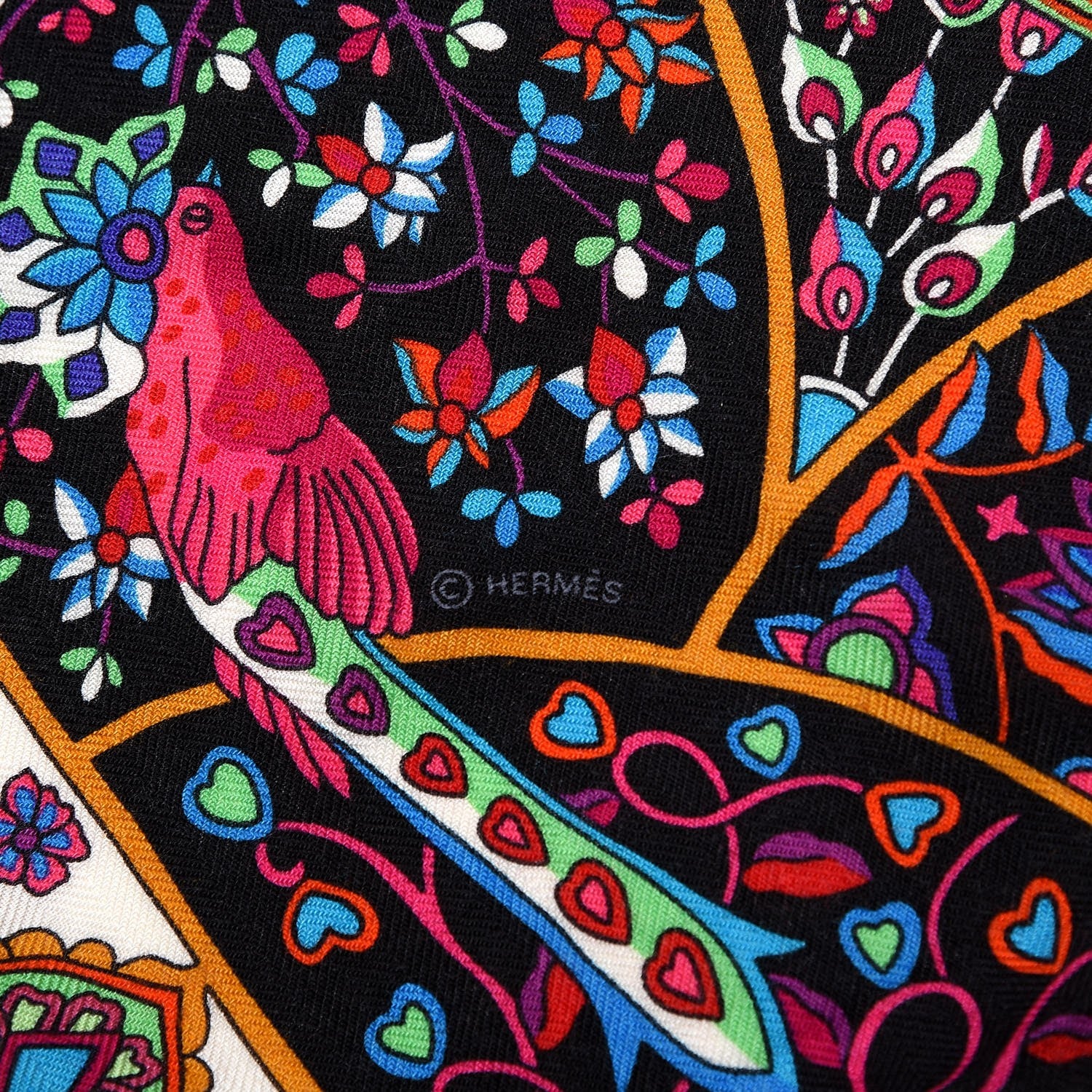 Hermes Cashmere Silk Au Pays Des Oiseaux Fleurs Shawl 140 Noir Fuchsia Vert 4 of 6