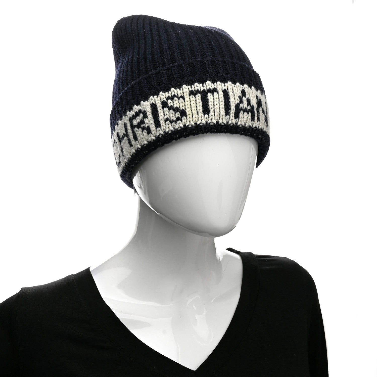 Christian Dior Cashmere Wool D-White Beanie Navy Blue White 2 of 5