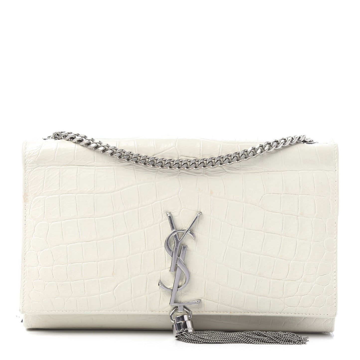 Calfskin Crocodile Embossed Medium Classic Monogram Kate Tassel Satchel White