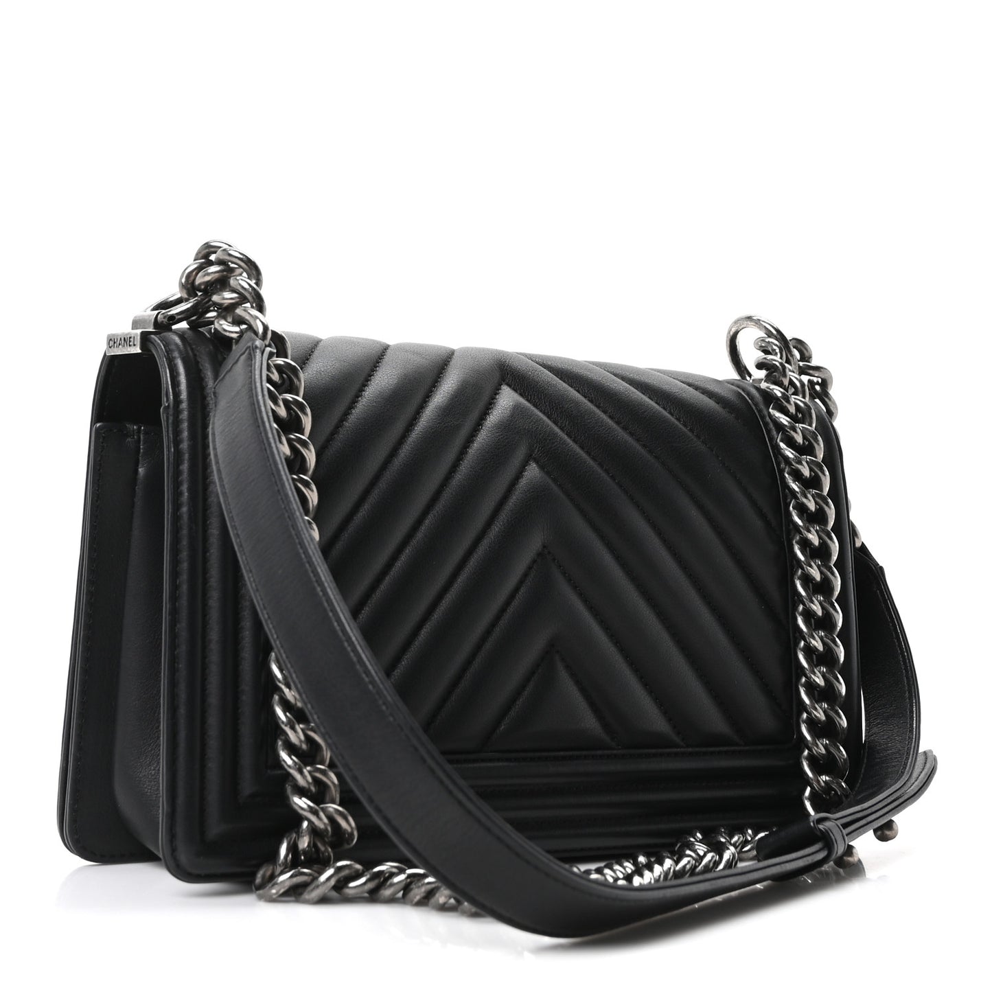 Calfskin Chevron Quilted Medium Boy Flap Black