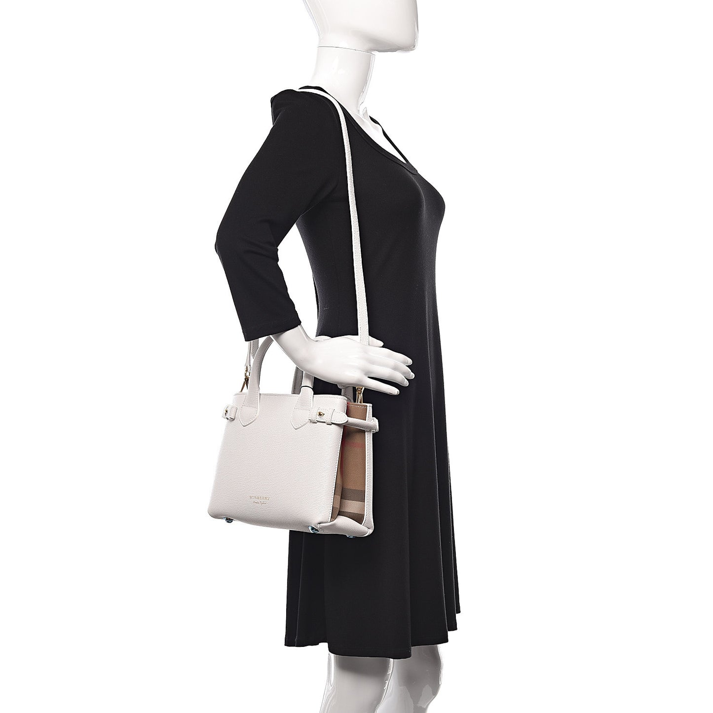 Grainy Calfskin House Check Small Banner Tote Chalk White