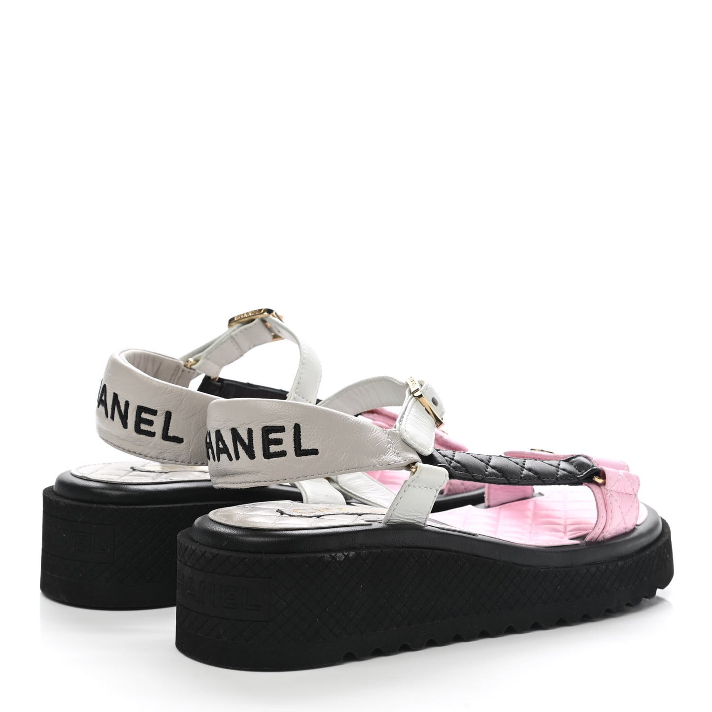 Lambskin Quilted CC Logo Platform Sandals 37.5 Black White Pink