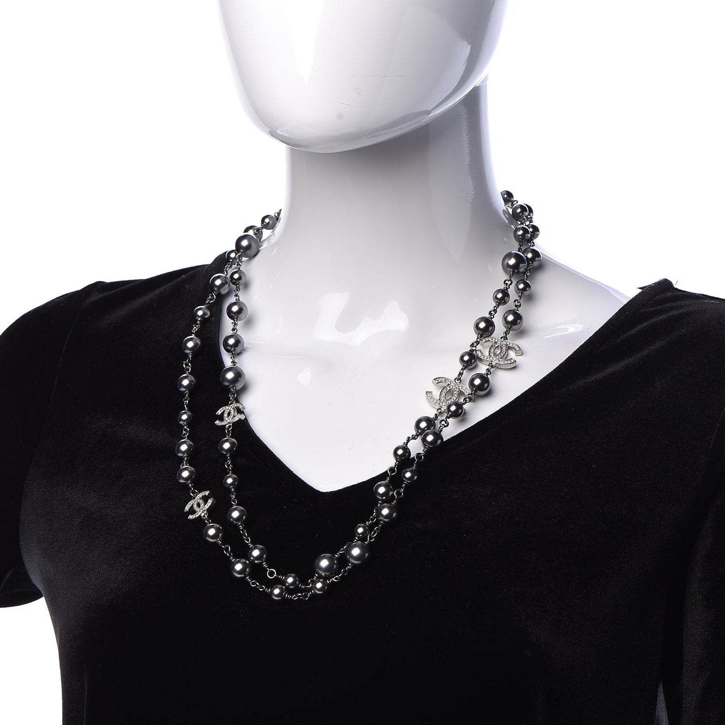 Pearl Crystal CC Long Necklace Silver Grey