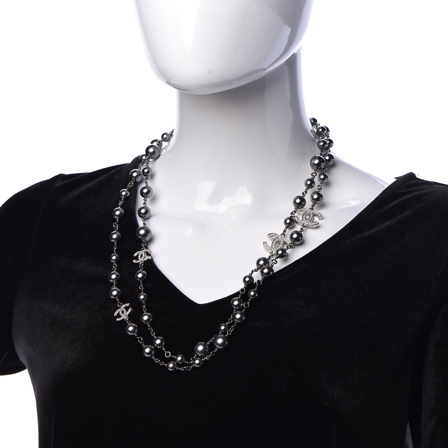 Chanel Pearl Crystal CC Long Necklace Silver Grey 2 of 4