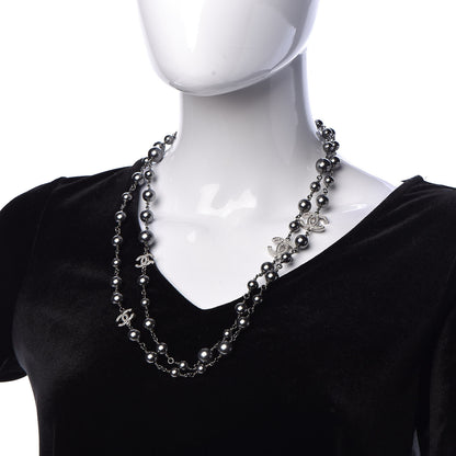 Chanel Pearl Crystal CC Long Necklace Silver Grey 2 of 4