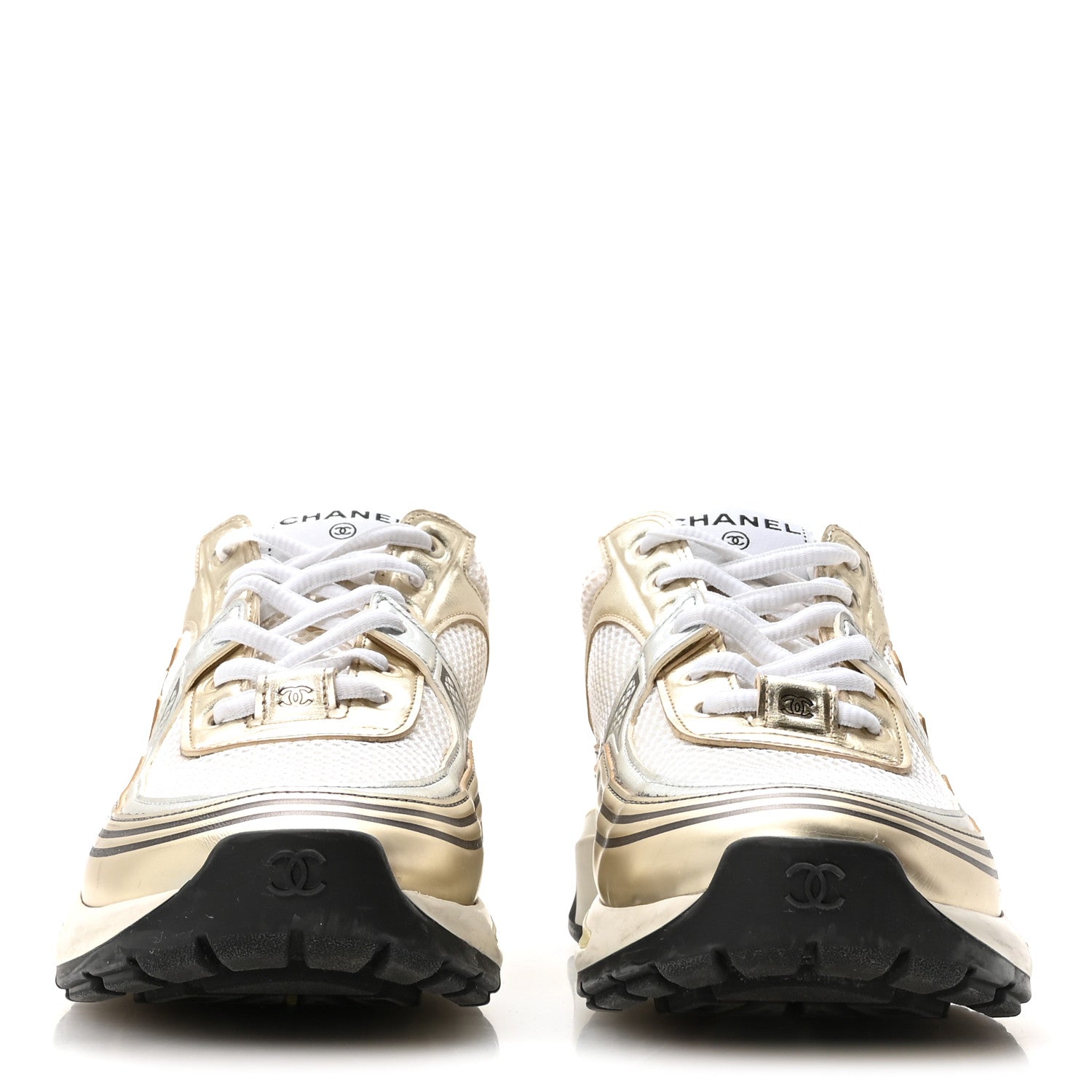 Chanel Fabric Laminated Calfskin Stretch CC Sneakers 39 White Gold