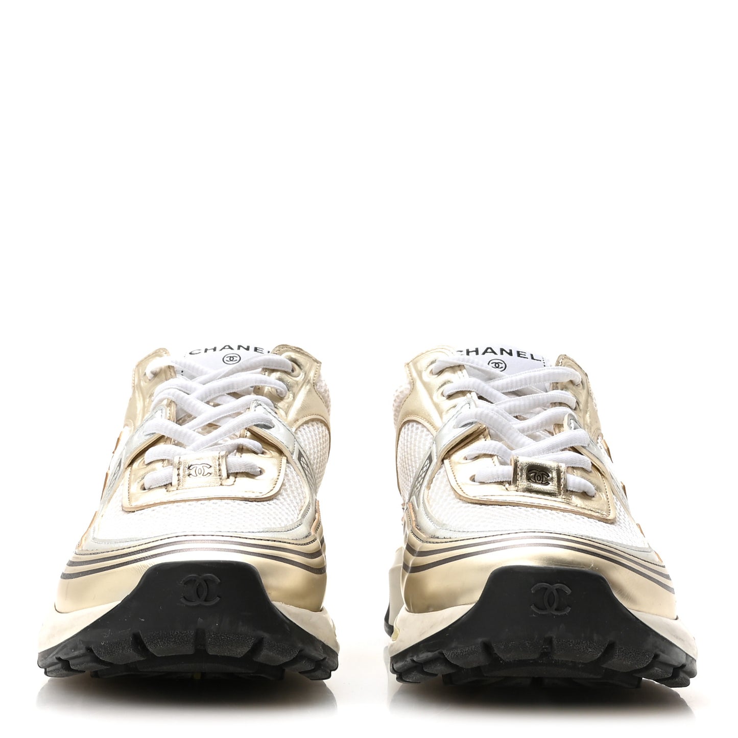 Fabric Laminated Calfskin Stretch CC Sneakers 39 White Gold Silver