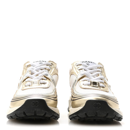 Chanel Fabric Laminated Calfskin Stretch CC Sneakers 39 White Gold Silver 3 of 8