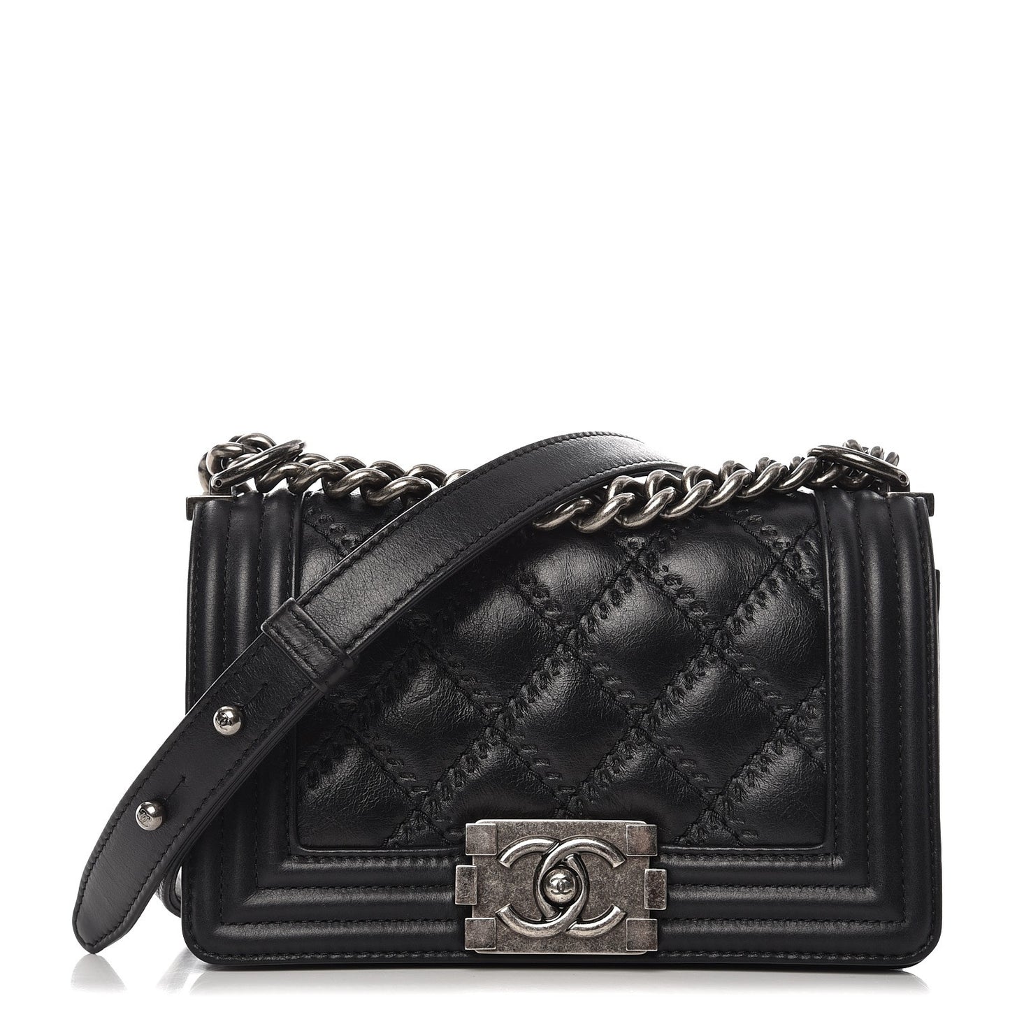Calfskin Double Stitch Small Boy Flap Black