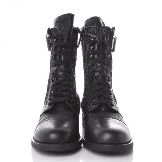 Sheepskin Quilted CC Tall Lace Up Combat Boots 40.5 Black