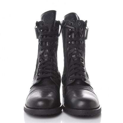 Chanel Sheepskin Quilted CC Tall Lace Up Combat Boots 40.5 Black 2 of 6