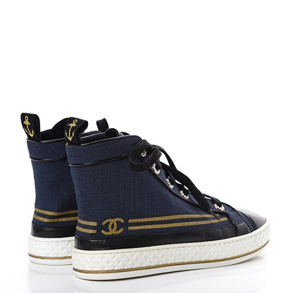 Chanel Fabric Lambskin Lace Up Cap Toe Sneakers 36.5 Navy Black 4 of 7