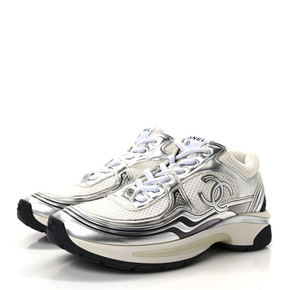 Chanel Fabric Laminated Calfskin Stretch CC Sneakers 38 White Silver 3 of 9