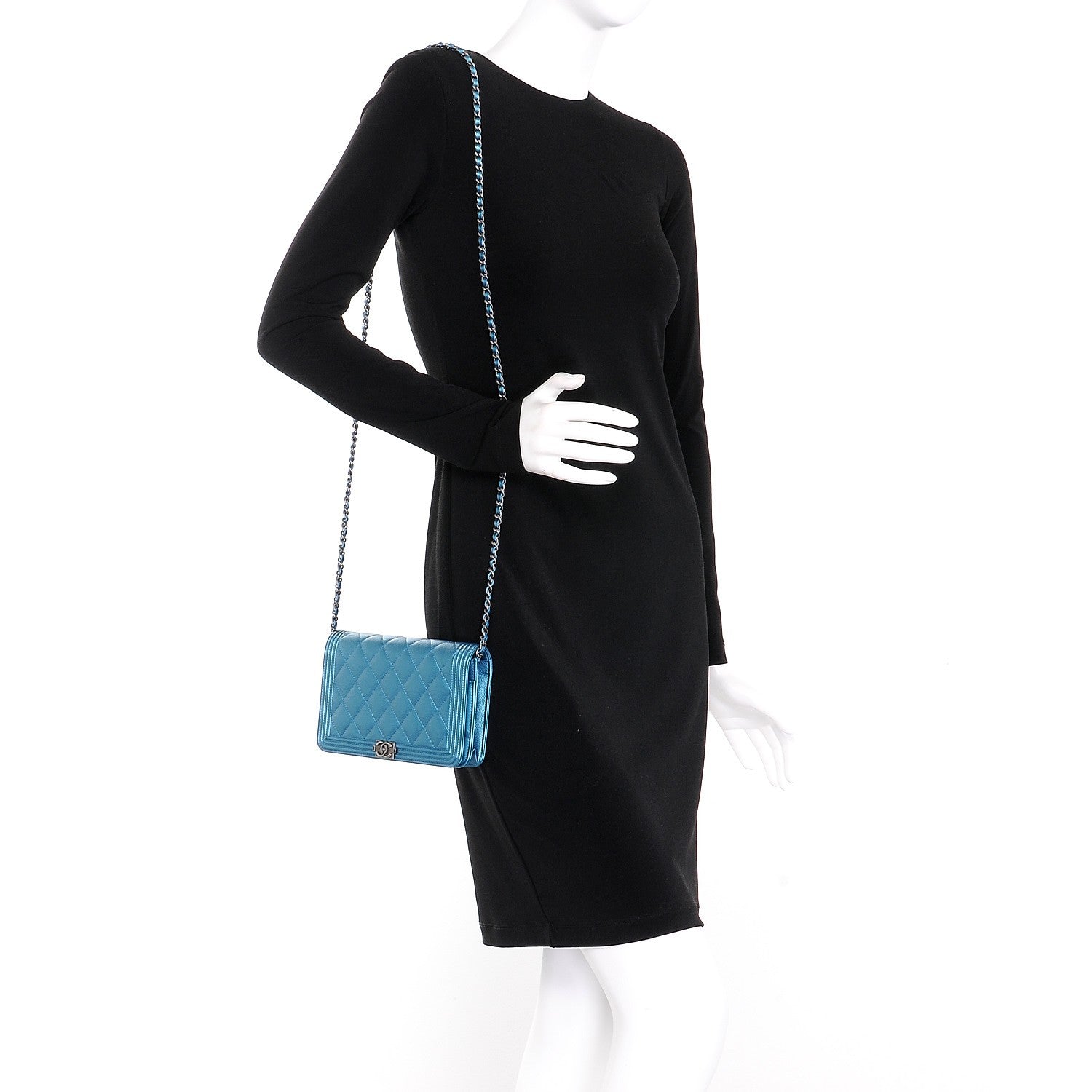 Chanel Metallic Caviar Quilted Boy Wallet On Chain WOC Turquoise 2 of 8