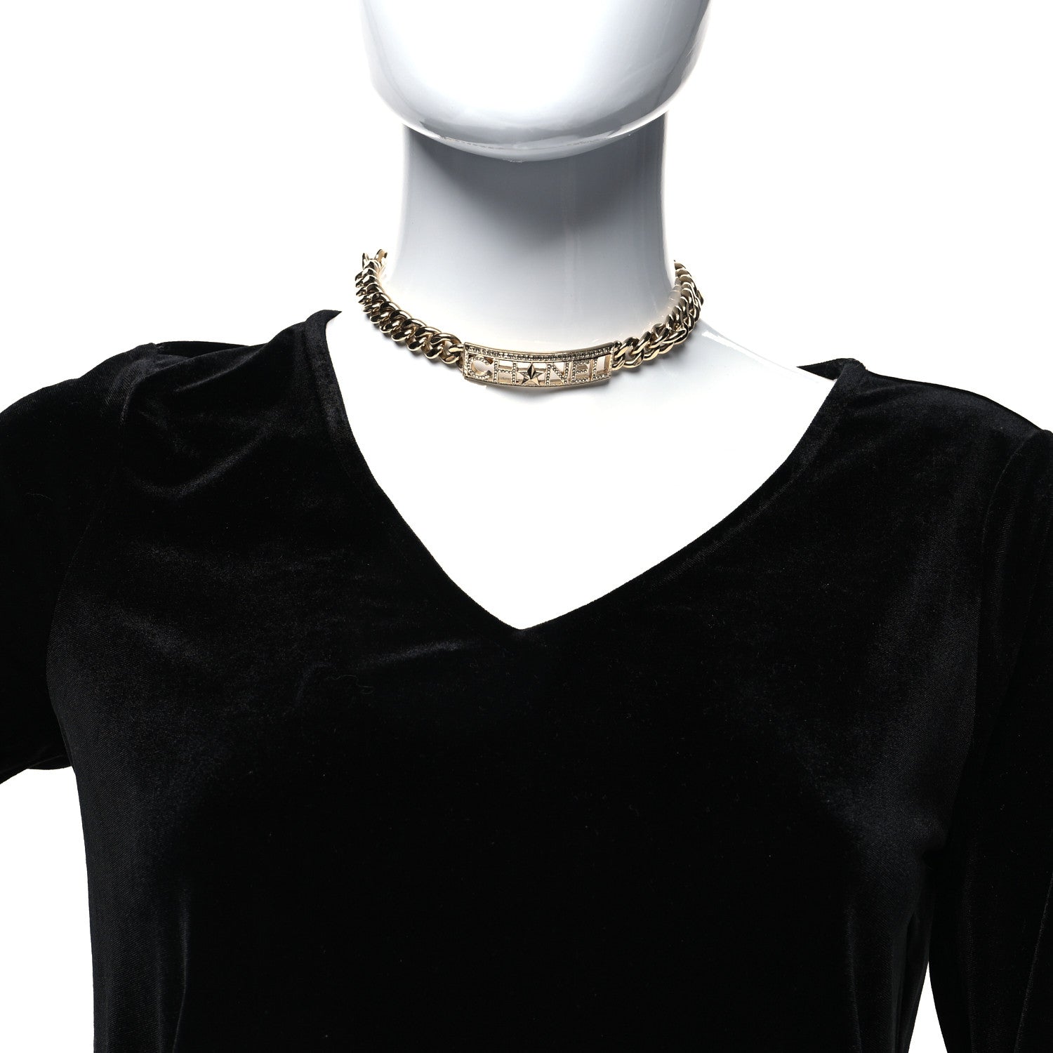 Chanel Crystal Chain Short Logo Necklace Gold 2 of 5
