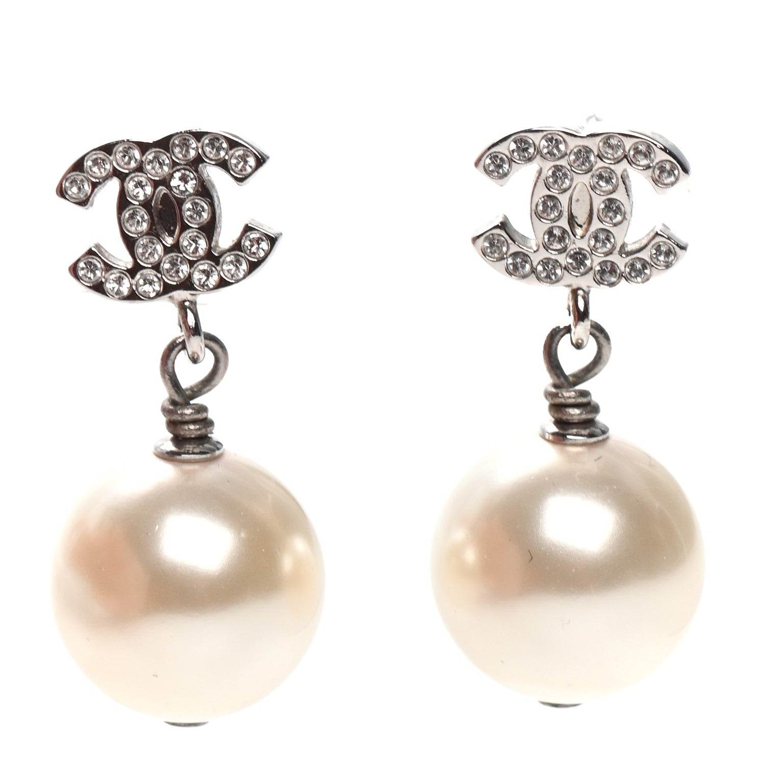 Chanel Crystal Pearl CC Drop Earrings Silver 1 of 4