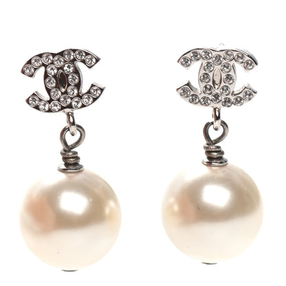 Chanel Crystal Pearl CC Drop Earrings Silver 1 of 4