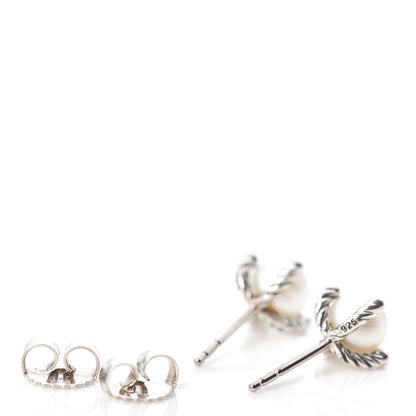 David Yurman Sterling Silver Diamond Pearl 7mm Earrings 3 of 4