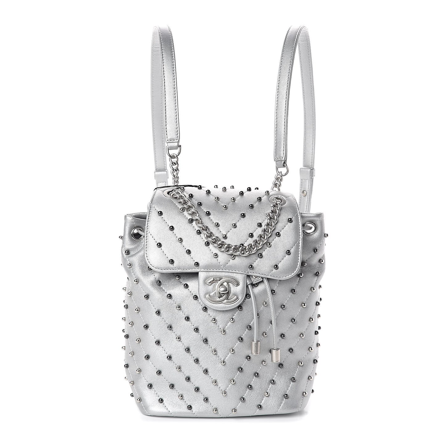 Metallic Lambskin Chevron Quilted Studded Stud Wars Backpack Silver