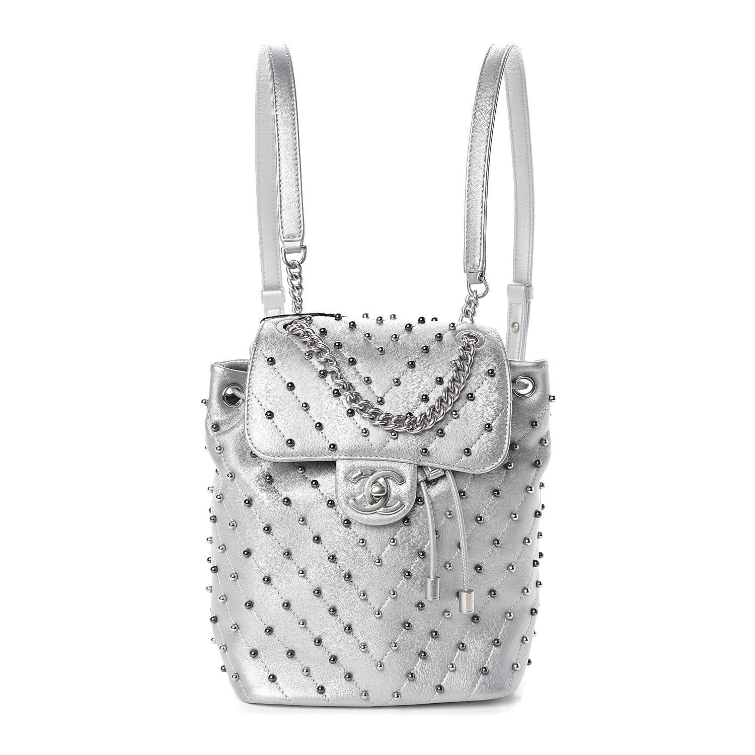 Chanel Metallic Lambskin Chevron Quilted Studded Stud Wars Backpack Silver 1 of 9