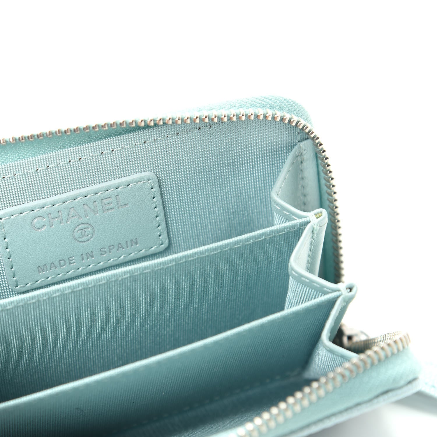 Chanel Metallic Caviar Chevron Quilted Vintage Mademoiselle Zip Coin Purse Light Blue 6 of 8