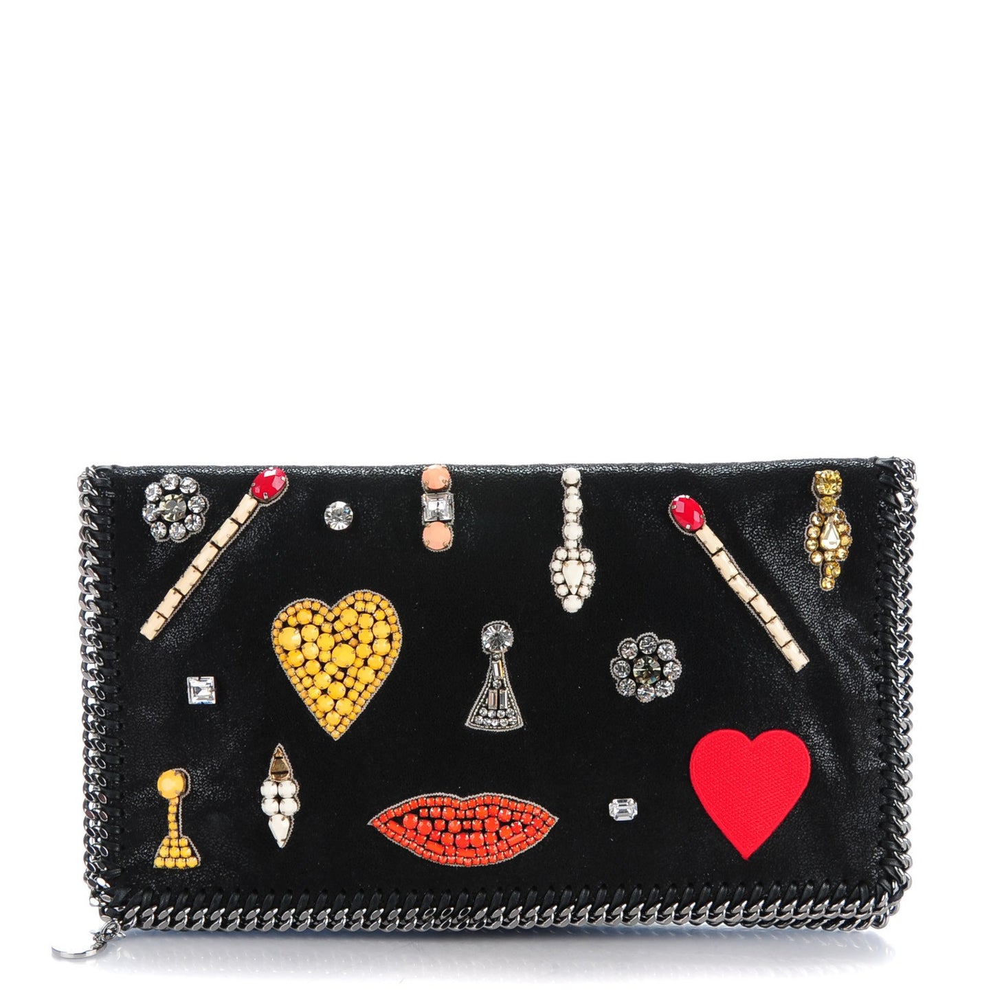 Shaggy Deer Embellished Falabella Fold Over Clutch Black
