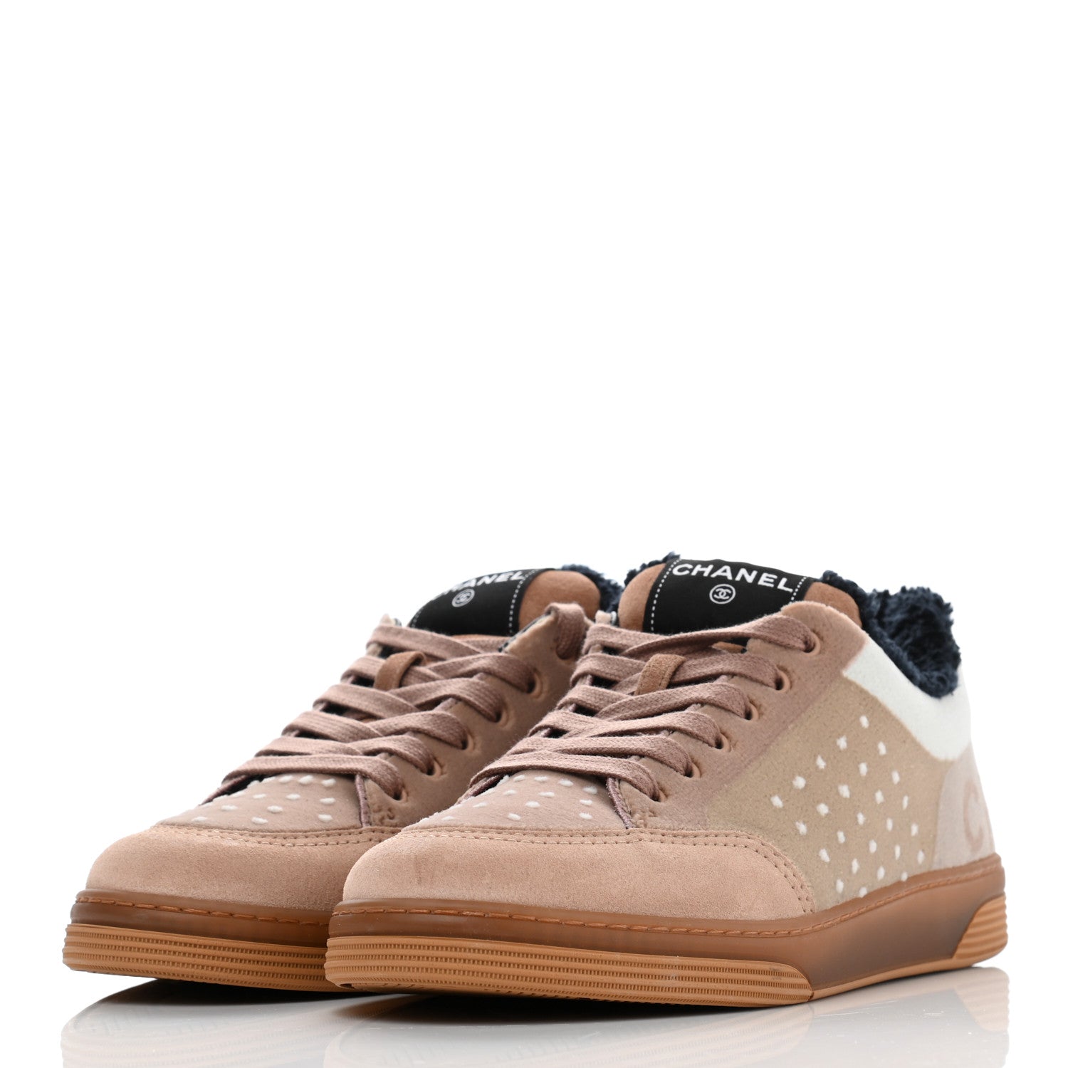Chanel Fabric Suede Calfskin Logo Sneakers 41 Beige Black White 3 of 14