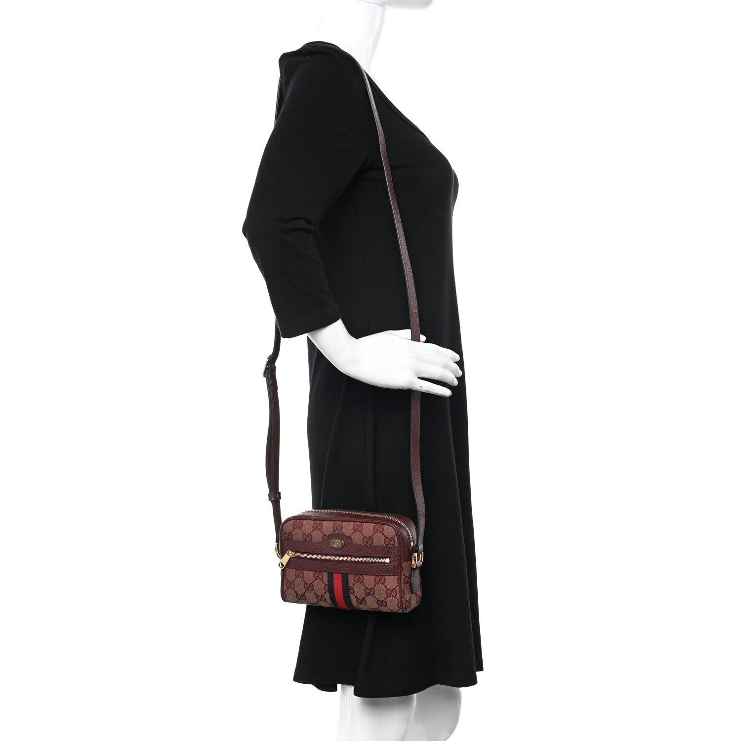 Gucci Monogram Textured Dollar Calfskin Web Mini Ophidia Shoulder Bag Sahara Rubino Chardonnay 2 of 14