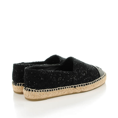 Chanel Tweed Patent Goatskin Sequin CC Espadrilles 37 Black 4 of 9