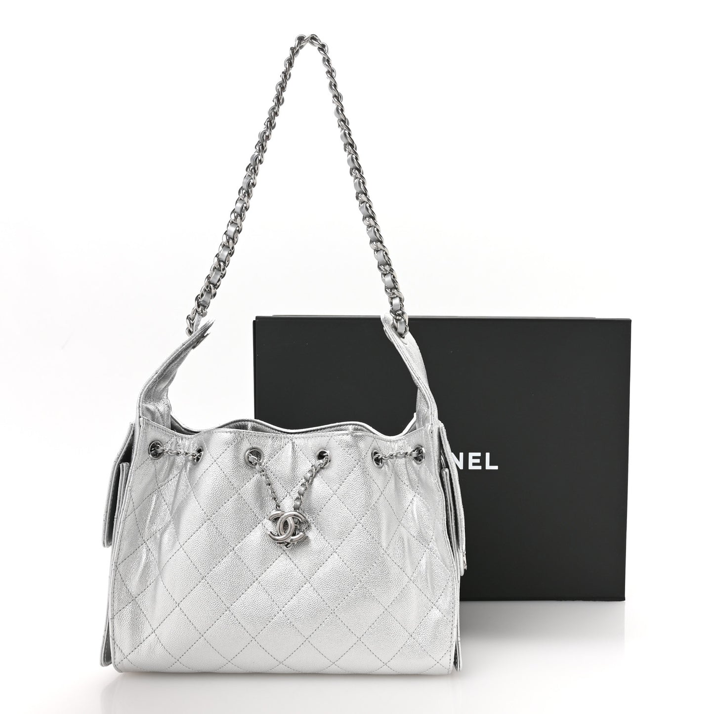 Metallic Caviar Quilted Small Chanel 25 Handbag Silver