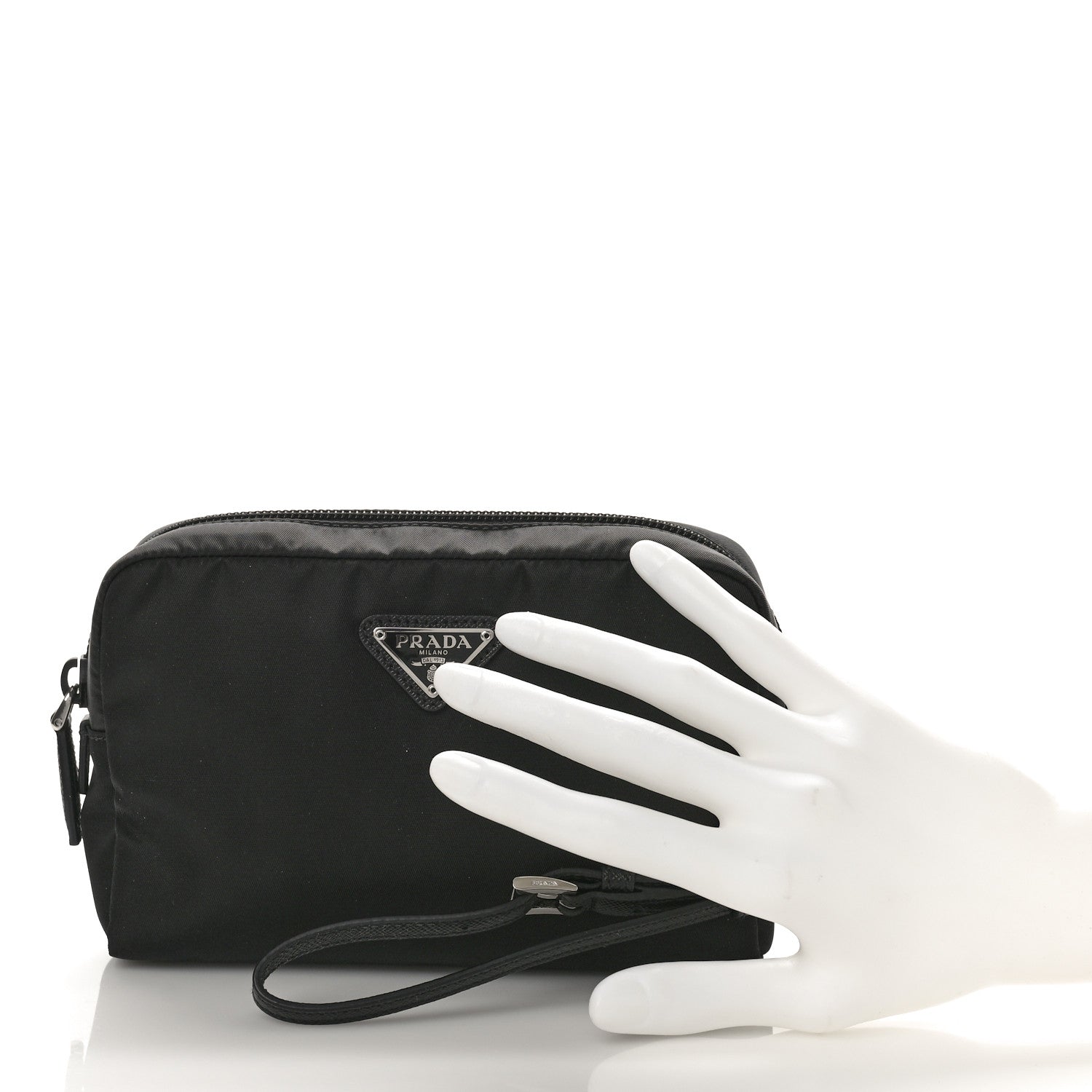 Prada Tessuto Nylon Vela Saffiano Necessaire Wristlet Pouch Black 2 of 8