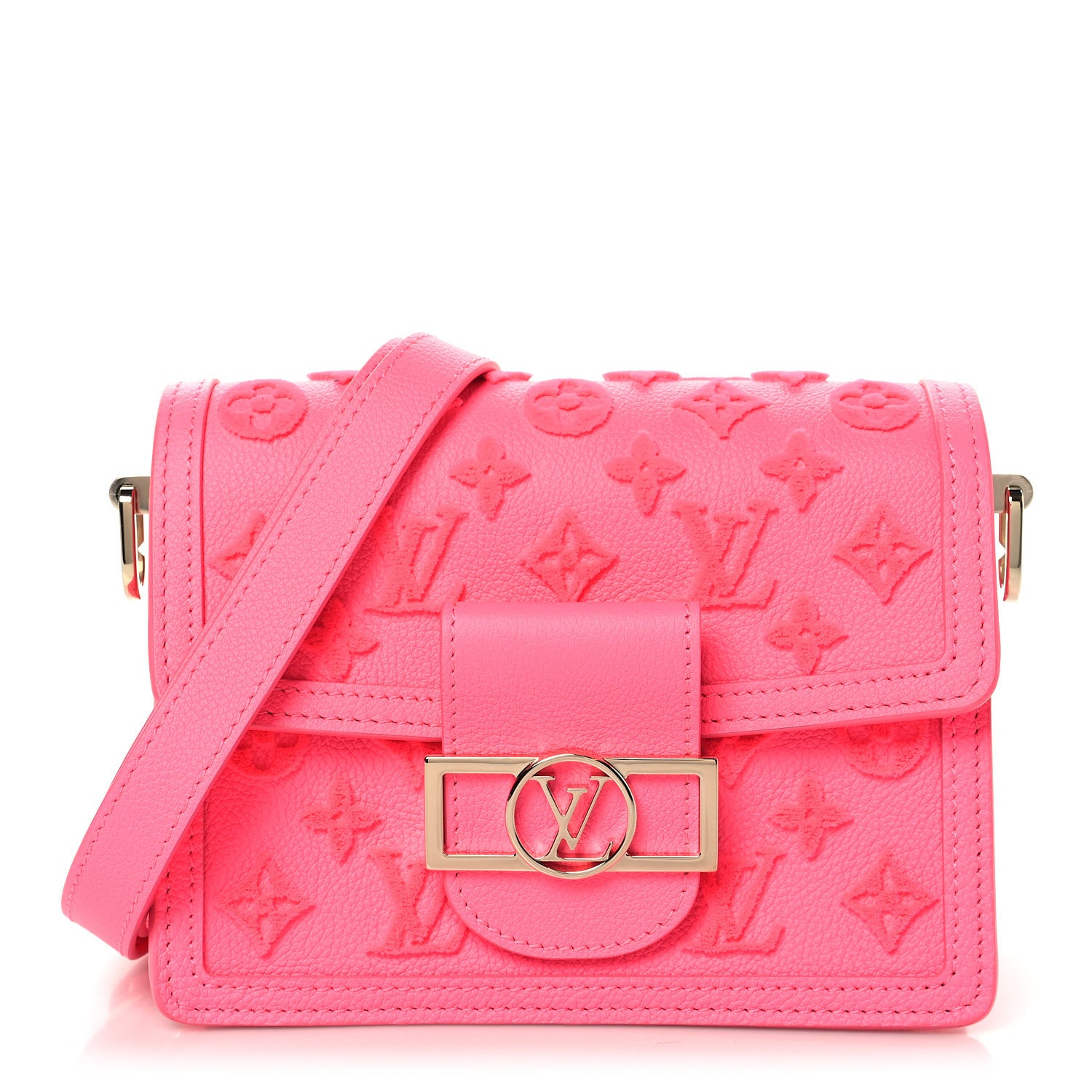 Louis Vuitton Grained Calfskin Tufted Monogram Mini Dauphine Fluo Pink 1 of 9