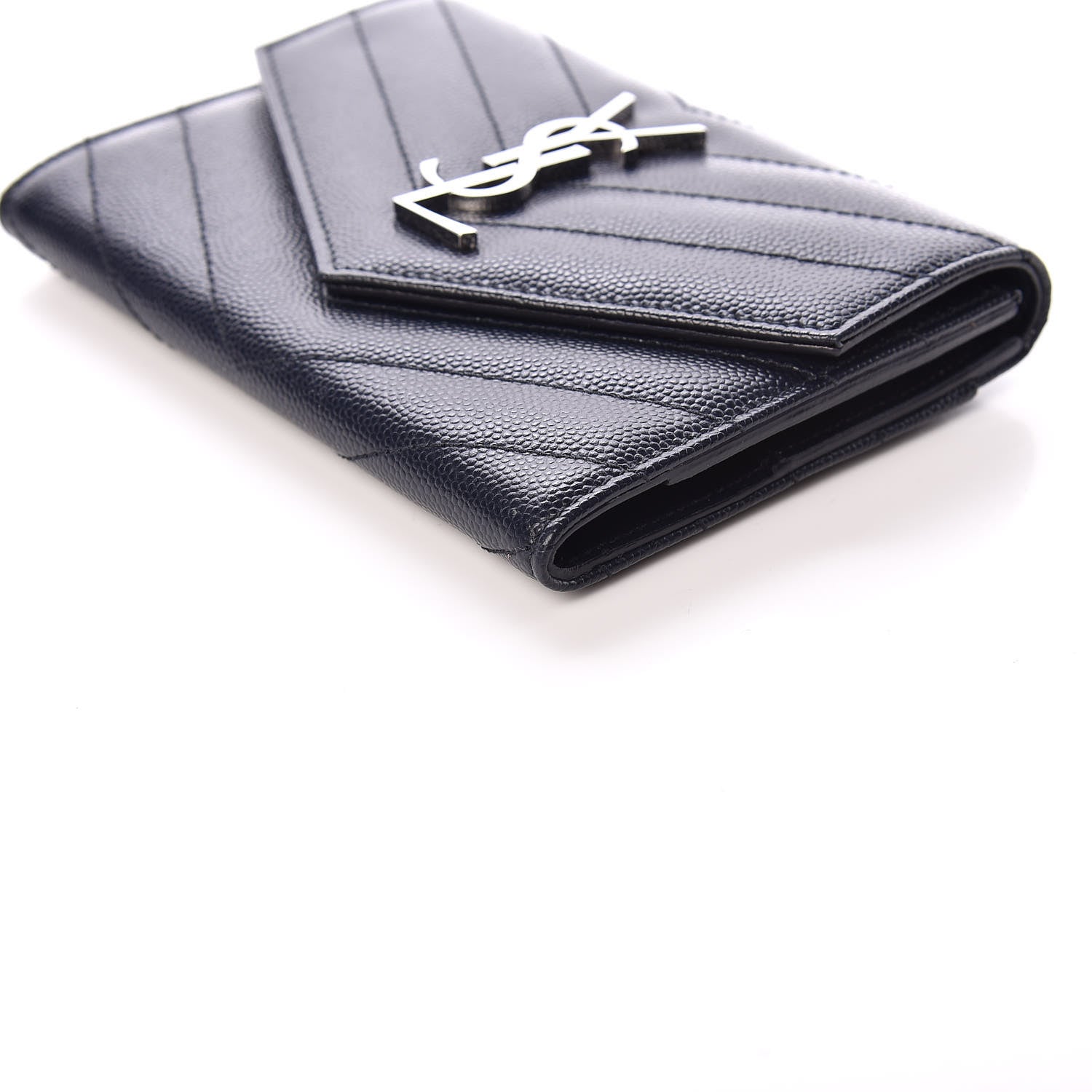 Saint Laurent Grain De Poudre Matelasse Chevron Small Monogram Passport Case Deep Marine 6 of 10