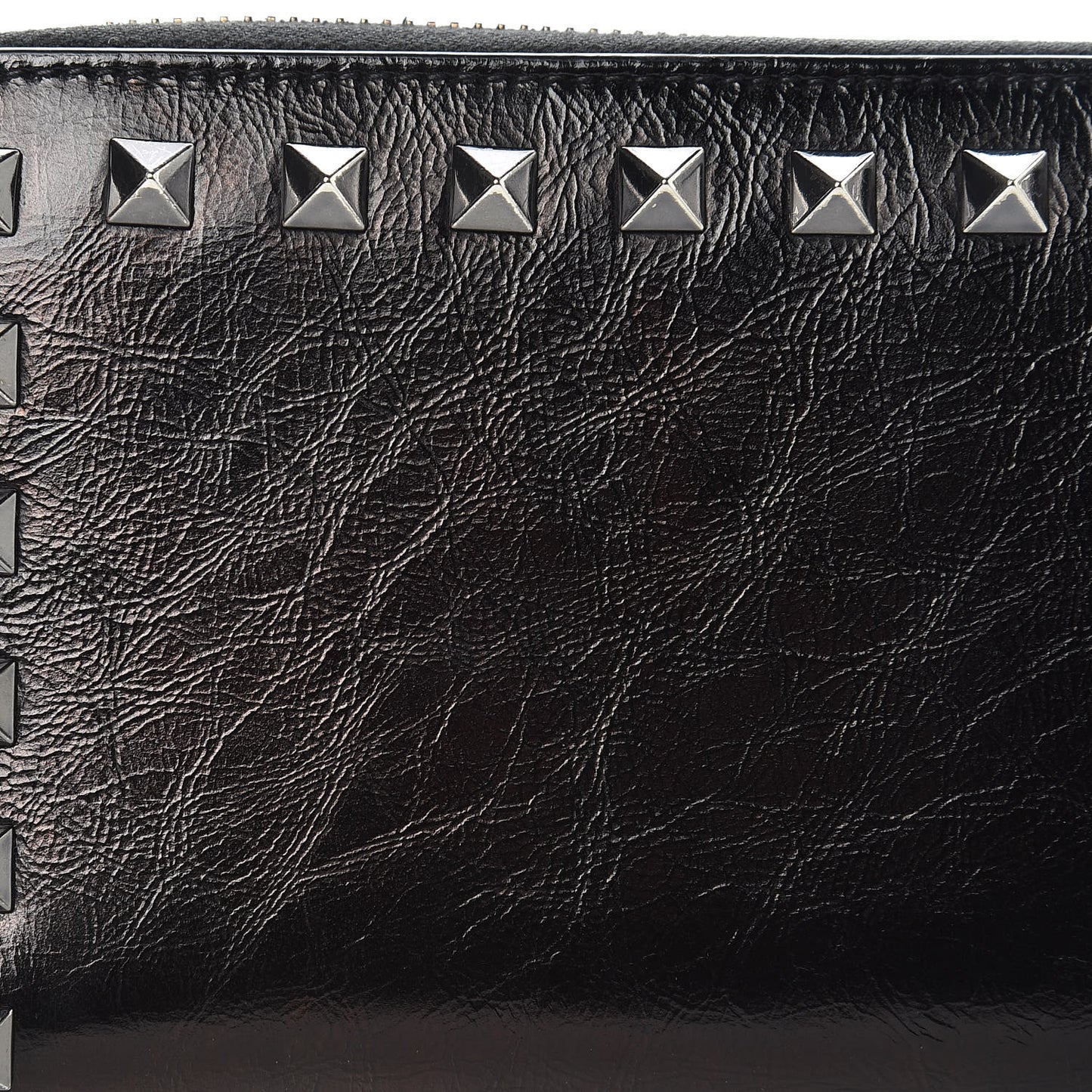 Craquele Calfskin Rockstud Zip Around Wallet Black