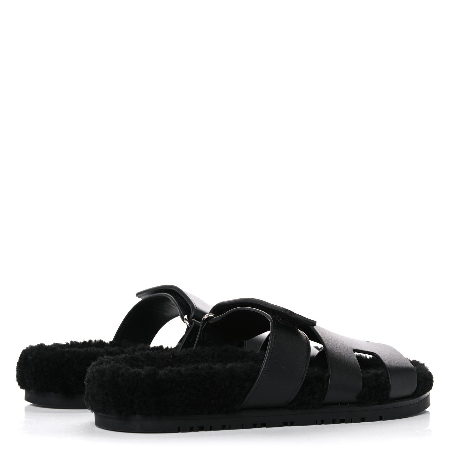 Hermes Calfskin Woolskin Womens Chypre Sandals 37 Black 4 of 11