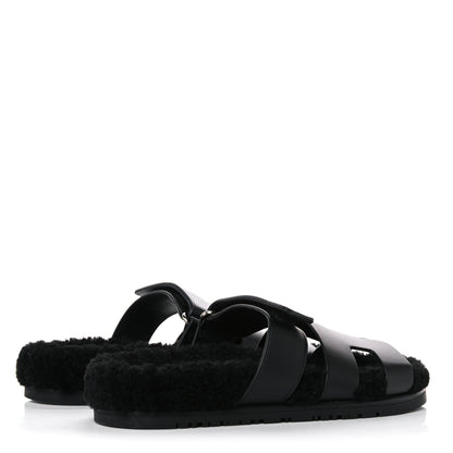Hermes Calfskin Woolskin Womens Chypre Sandals 37 Black 4 of 11