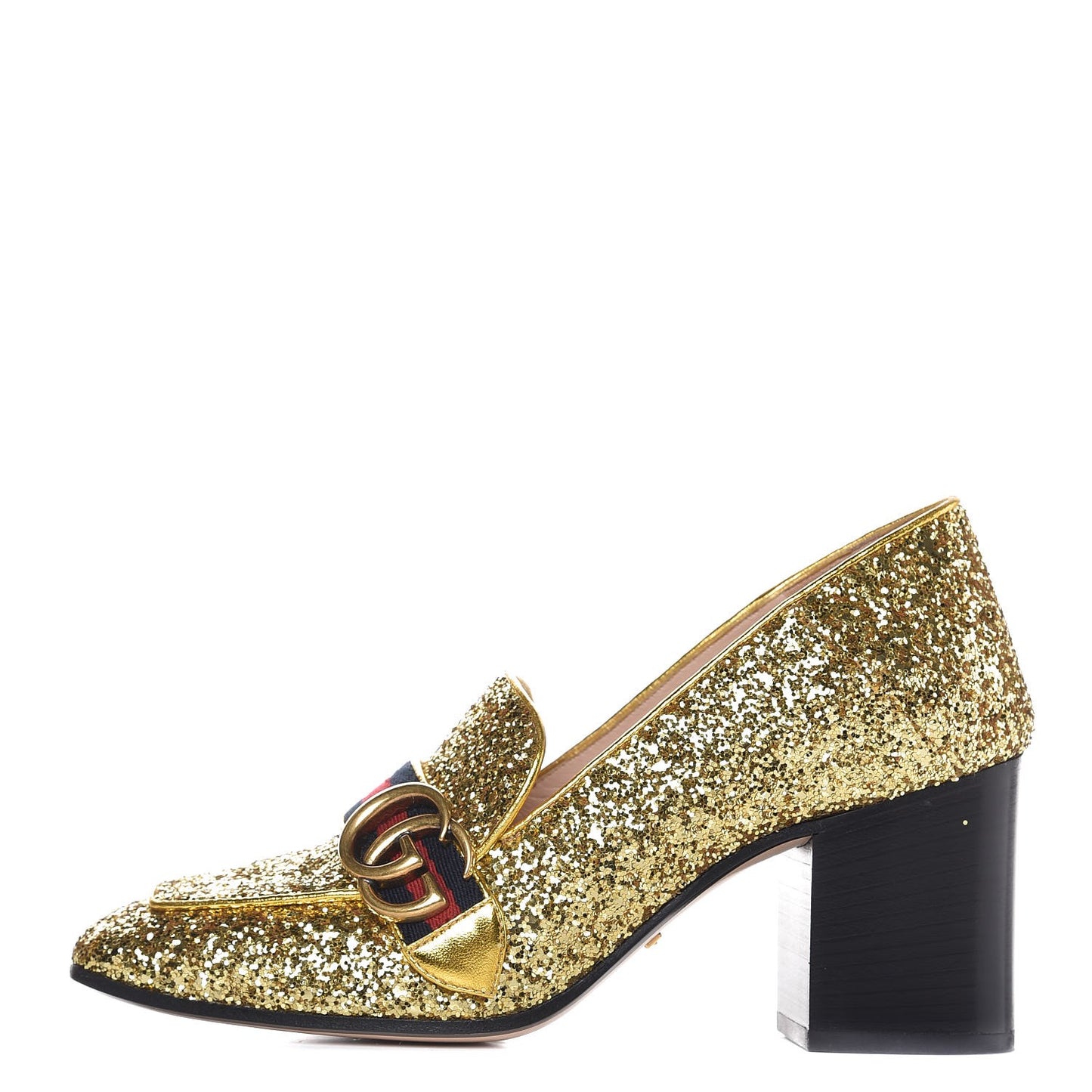 Glitter Nappa Web Peyton 75mm Loafer Pumps 38.5 Oro Vecchio