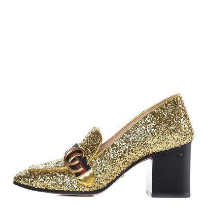 Gucci Glitter Nappa Web Peyton 75mm Loafer Pumps 38.5 Oro Vecchio 1 of 9