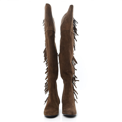 Saint Laurent Suede Goatskin BB 20 Over The Knee Fringed Boots 38.5 Coffee Brown 2 of 7