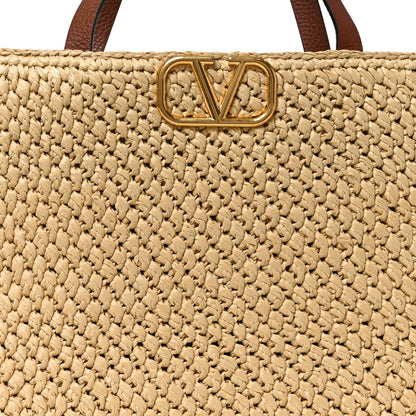 Valentino Garavani Raffia Calfskin Vlogo Tote Naturale Saddle Brown 7 of 9