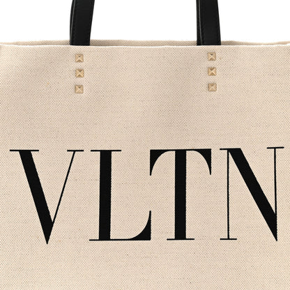 Valentino Garavani Canvas Calfskin VLTN Print Small Rockstud Tote Naturale Black 7 of 9