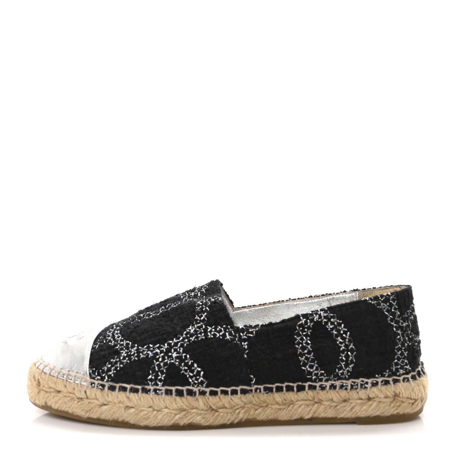 Chanel Metallic Tweed Lambskin CC Espadrilles 38 Black Silver 1 of 9