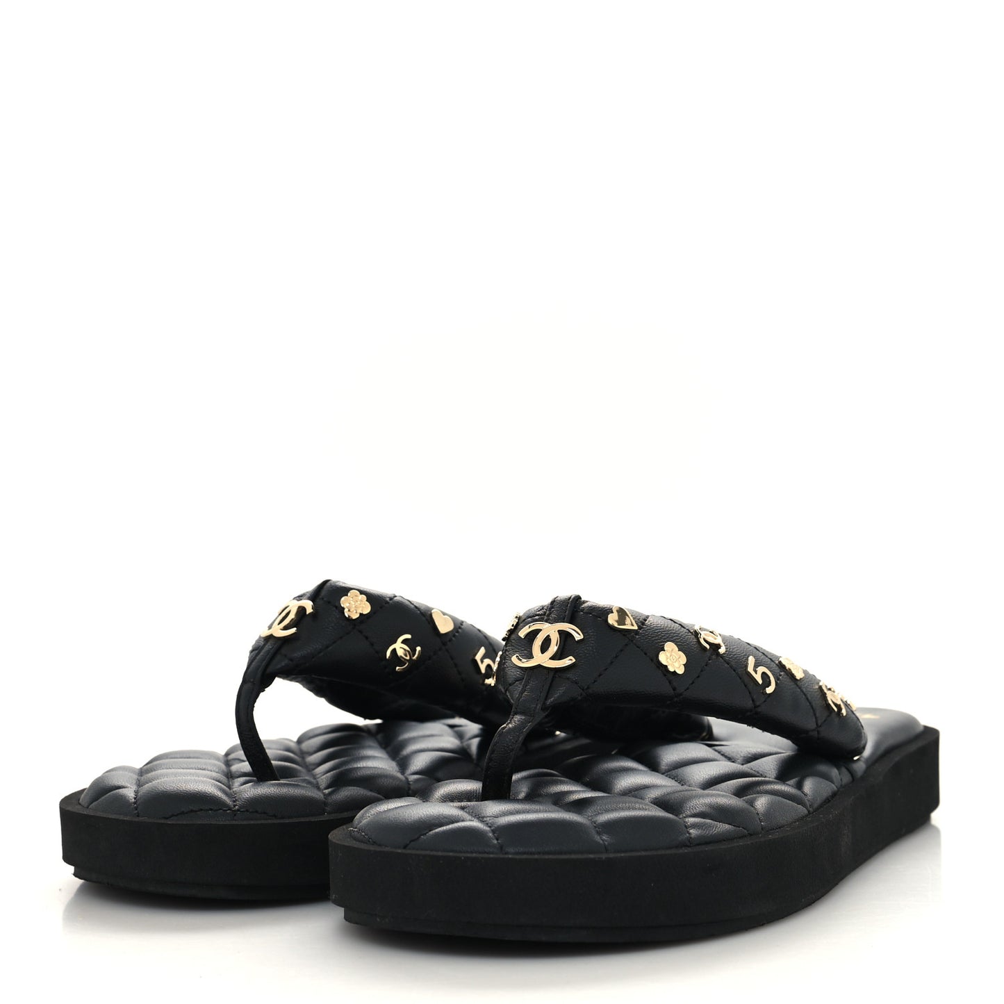 Lambskin Quilted Padded Charms Thong Sandals 40 Black