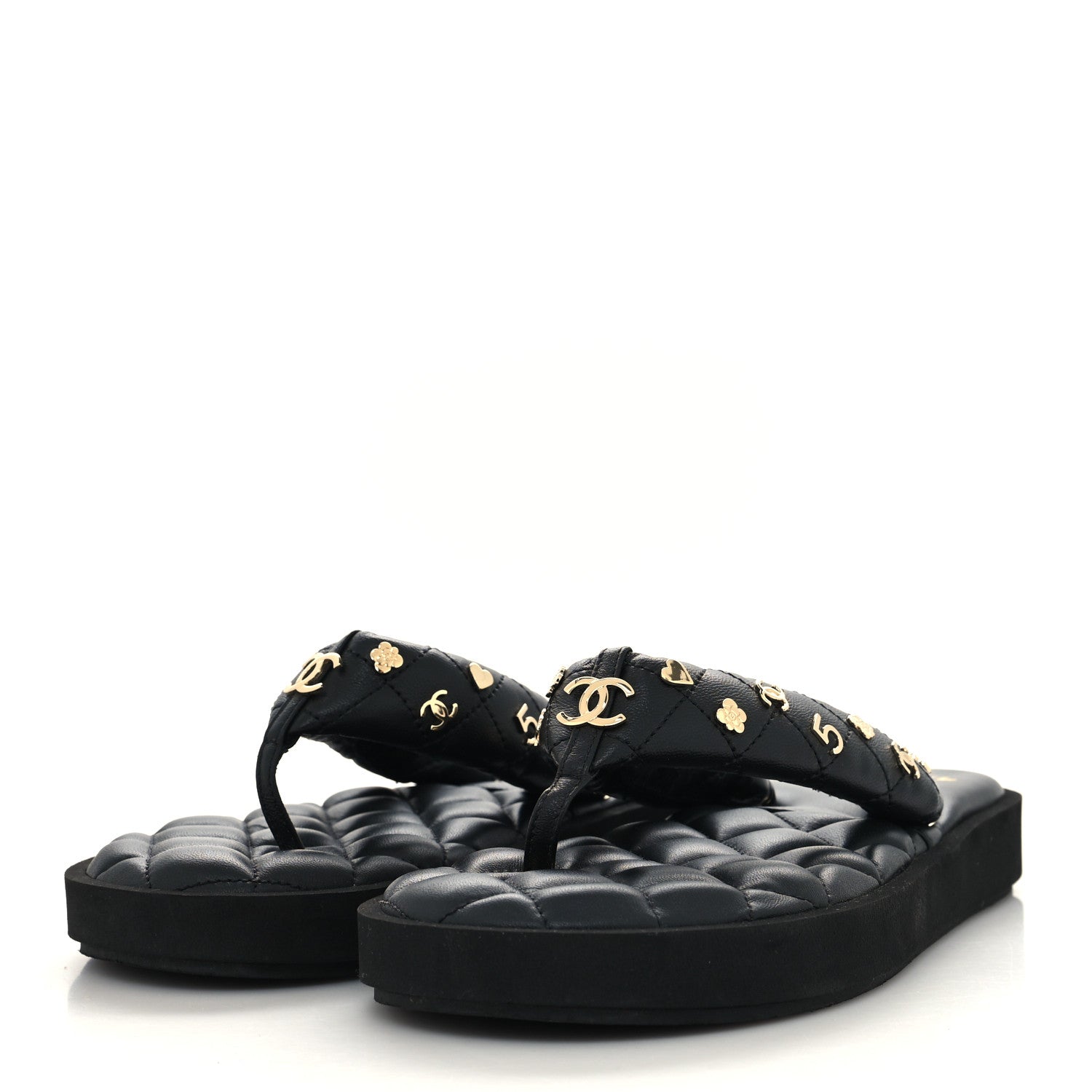 Chanel Lambskin Quilted Padded Charms Thong Sandals 40 Black 3 of 6