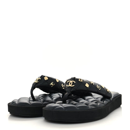 Chanel Lambskin Quilted Padded Charms Thong Sandals 40 Black 3 of 6