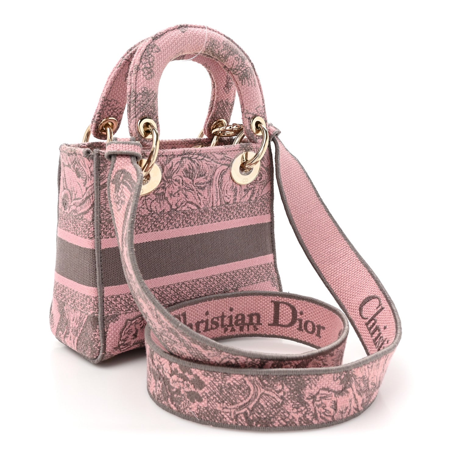 Christian Dior Canvas Toile De Jouy Embroidered Mini Lady D-Lite Gray Pink 3 of 10