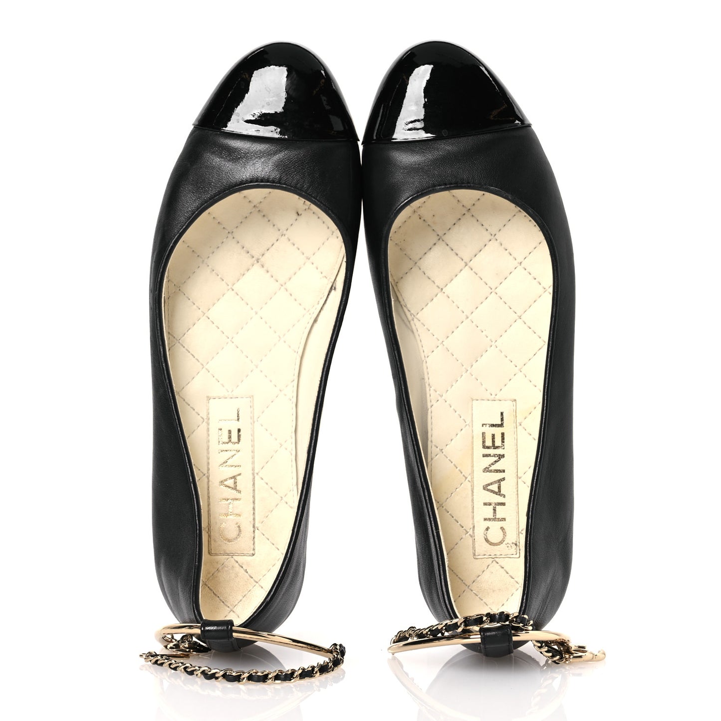 Lambskin Patent Calfskin Cap Toe Ankle Chain Ballerina Flats 37.5 Black