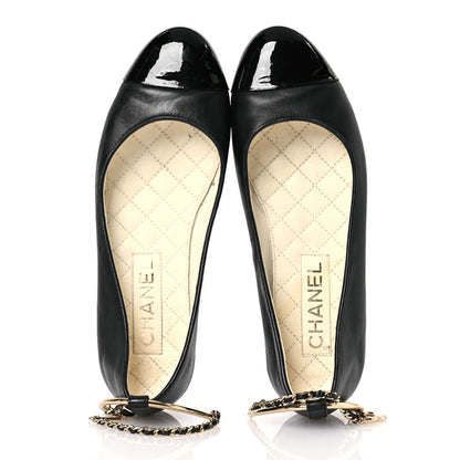 Chanel Lambskin Patent Calfskin Cap Toe Ankle Chain Ballerina Flats 37.5 Black 2 of 17