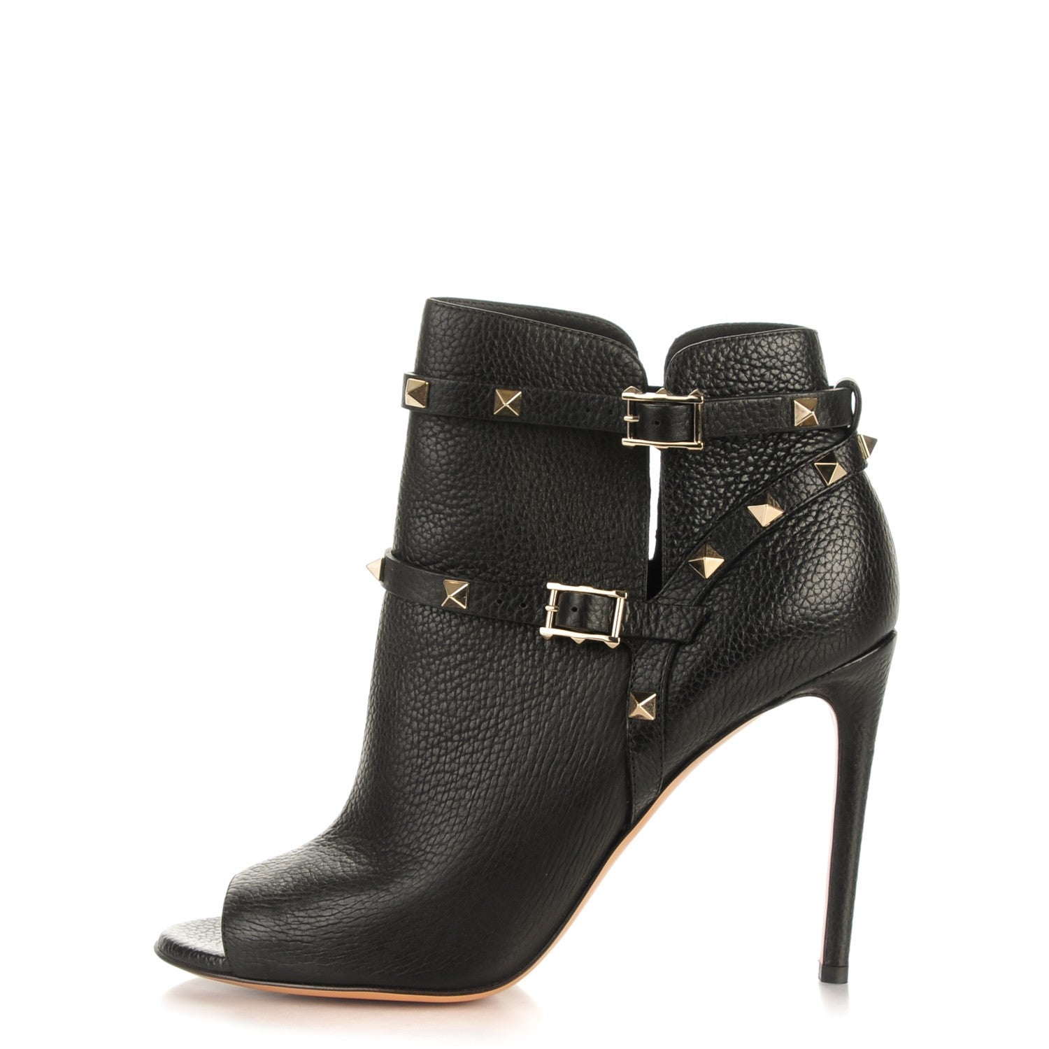 Valentino Garavani Grained Calfskin Rockstud Peep Toe Double Buckle 100mm Ankle Boots 40 Black 1 of 8