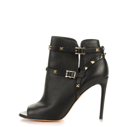 Valentino Garavani Grained Calfskin Rockstud Peep Toe Double Buckle 100mm Ankle Boots 40 Black 1 of 8
